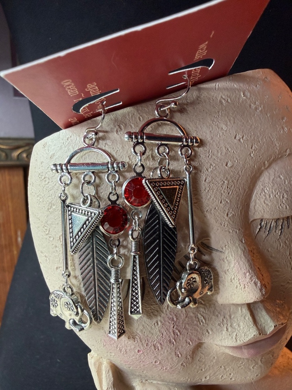 Silver Boho Feather Drop Earrings with Red Gemstone